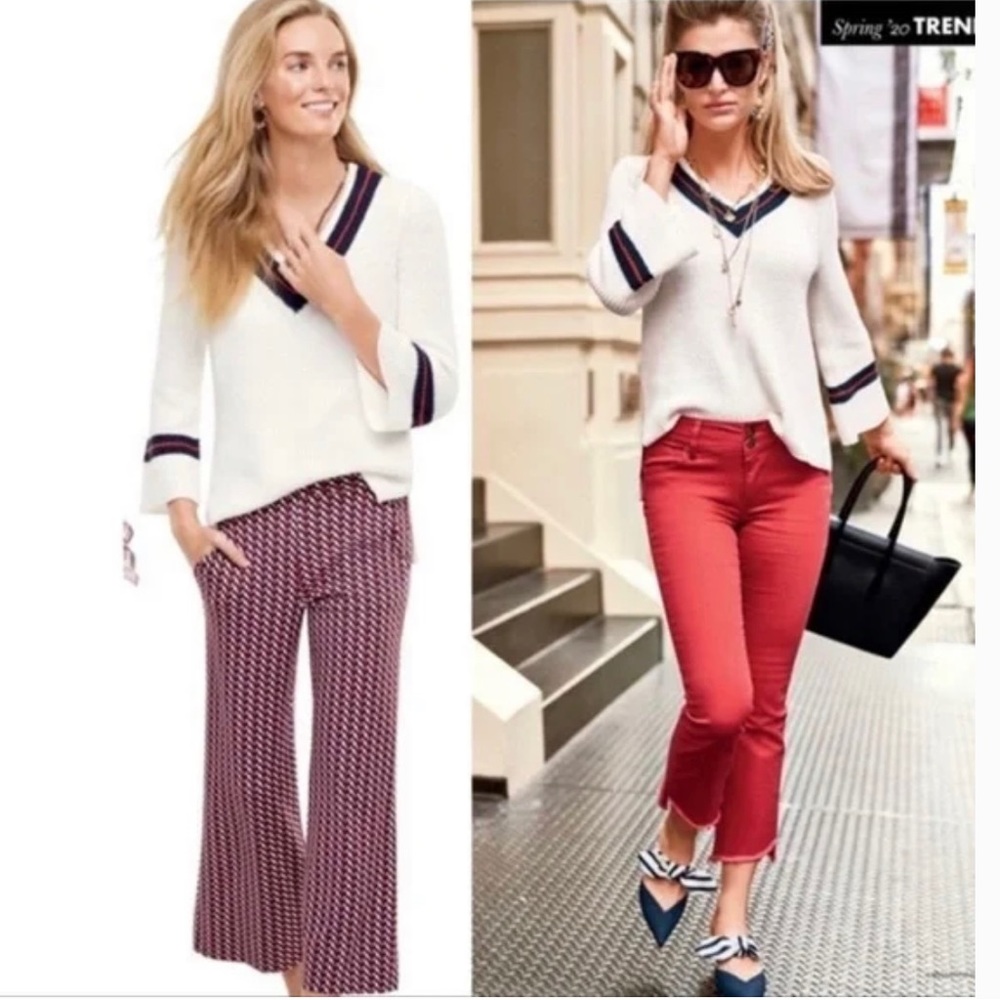 Cabi Ace Pullover - Preppy Tennis Sweater - White with Stripes - Size M